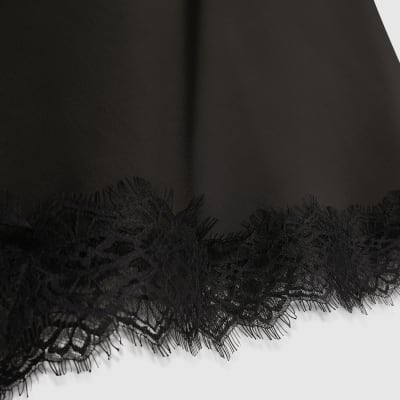 Black Satin Asymmetric Lace Trim Midi Skirt