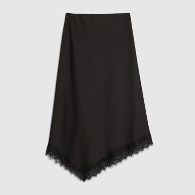 Black Satin Asymmetric Lace Trim Midi Skirt