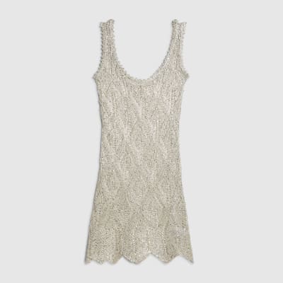 White Metallic Knit Tunic Beach Dress