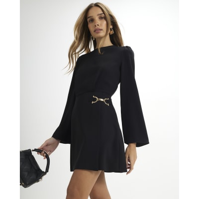 Black Long Sleeve Snaffle Detail Mini Dress