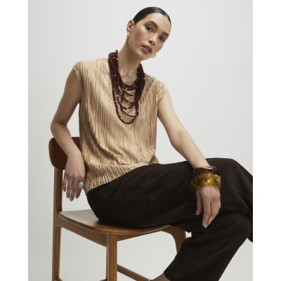 Beige Sleeveless Plisse Top