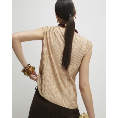 Beige Sleeveless Plisse Top