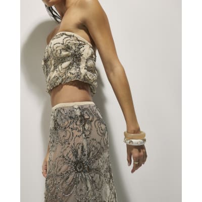 Cream Embellished Midi Beach Skirt