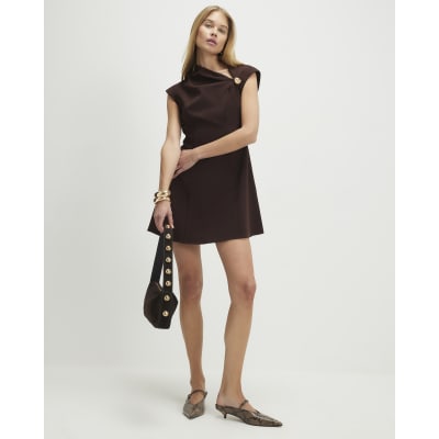 Brown Sleeveless Draped Neck Mini Dress