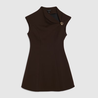 Brown Sleeveless Draped Neck Mini Dress