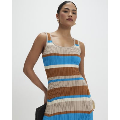 Petite Brown Knitted Striped Maxi Dress