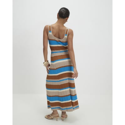 Petite Brown Knitted Striped Maxi Dress