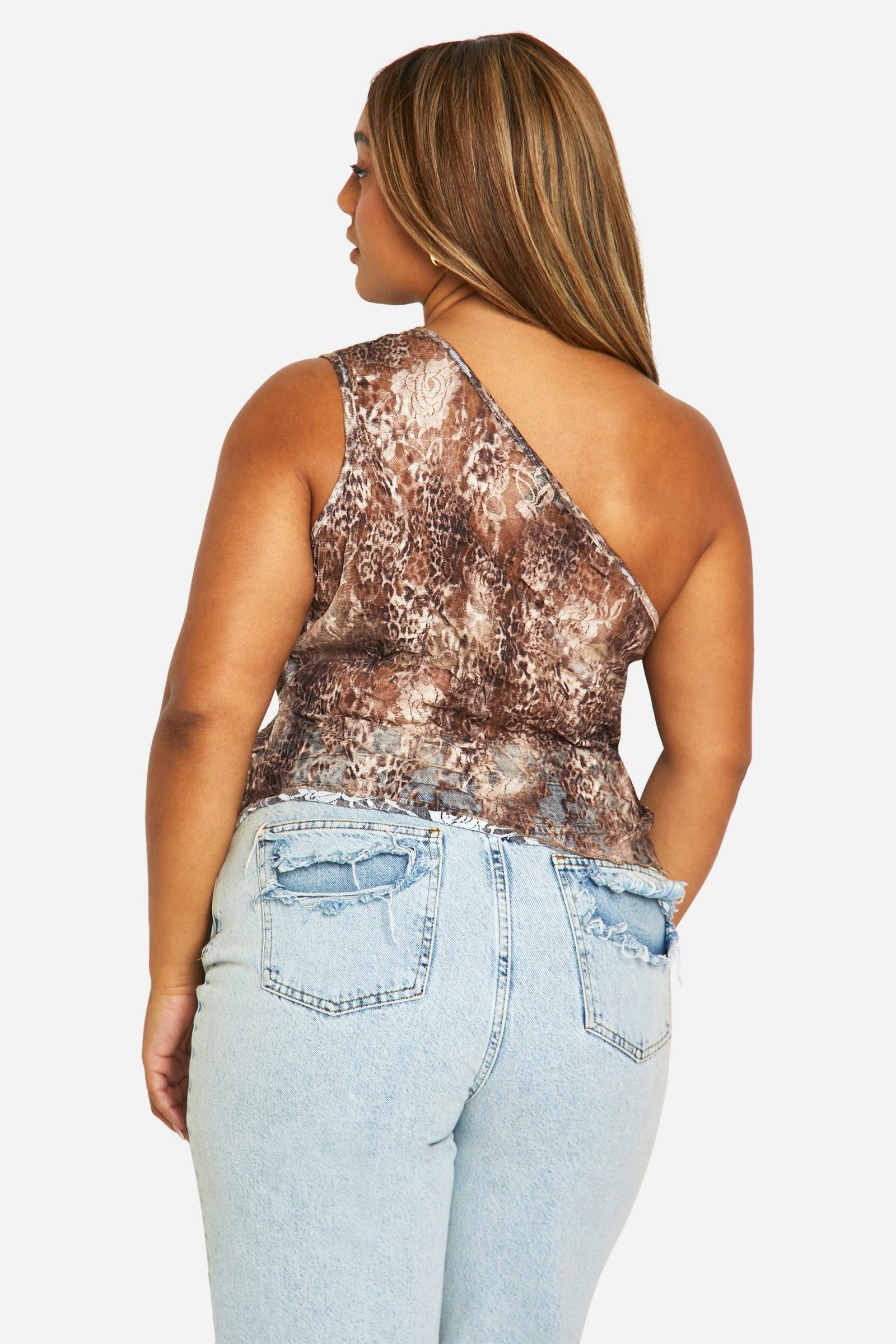 Plus One Shoulder Leopard Lace Top