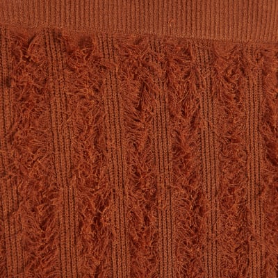 Orange Knitted Fringe Midi Skirt