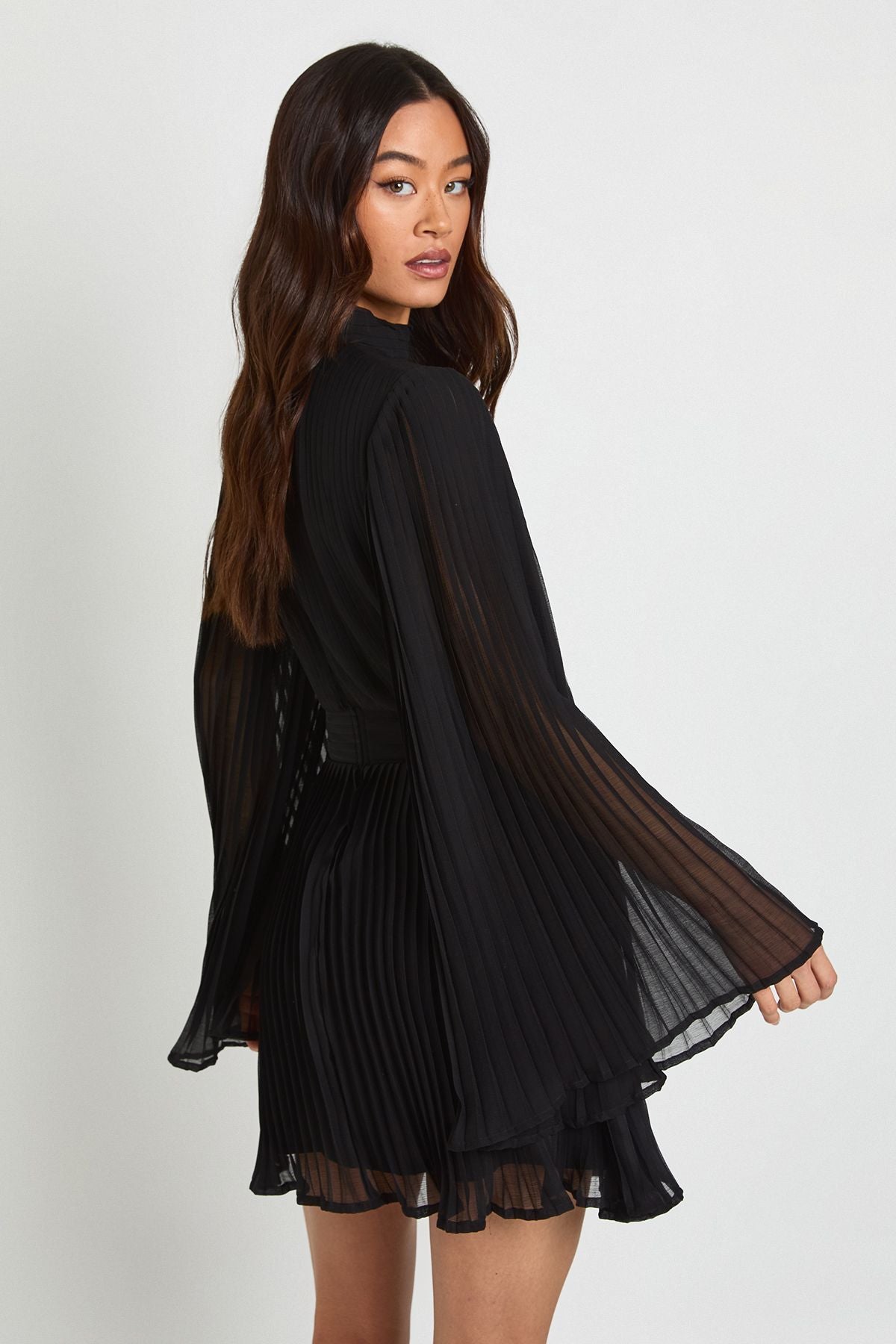 Tall Pleated Chiffon High Neck Flare Sleeve Mini Dress