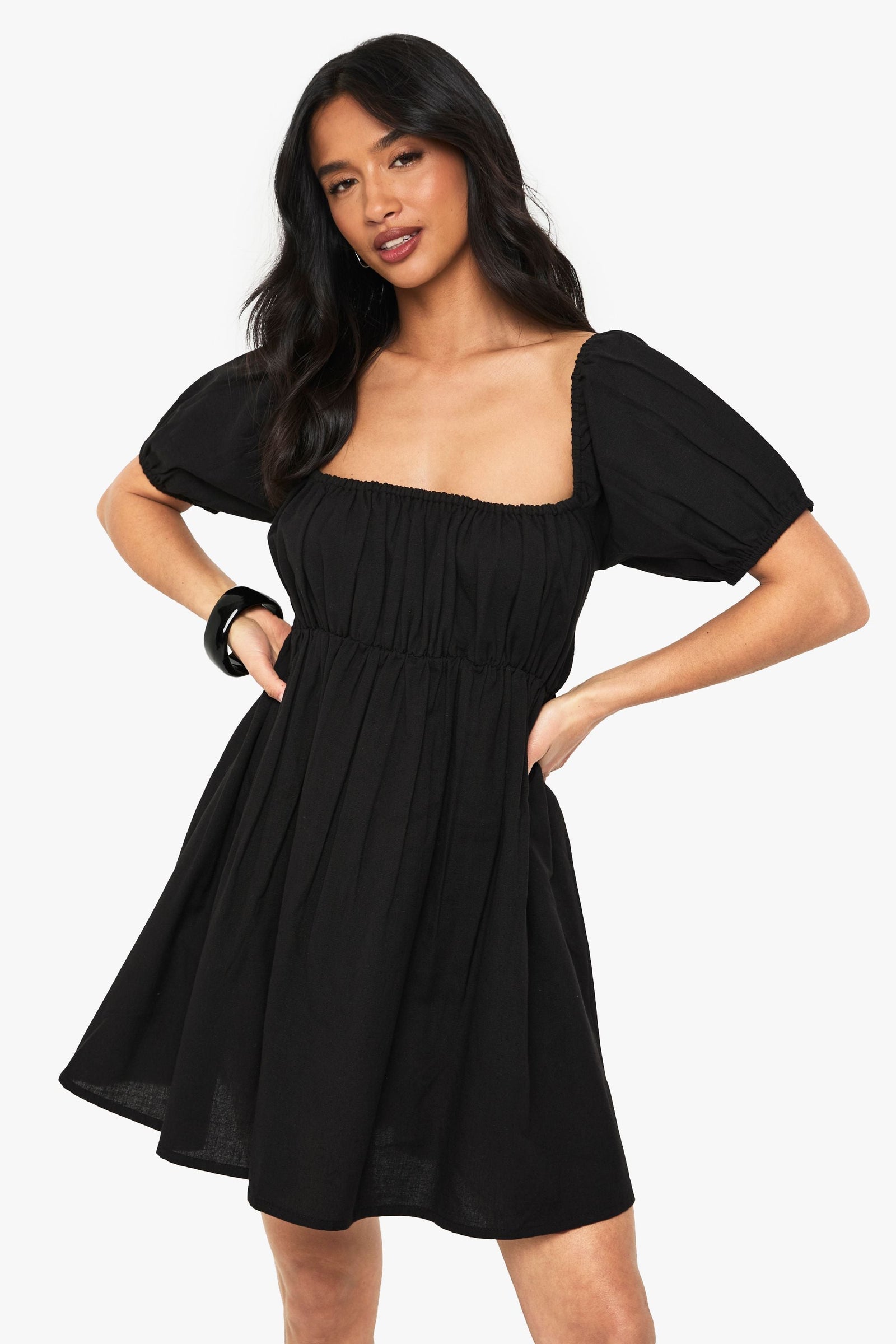 Petite Linen Puff Sleeve Smock Mini Dress