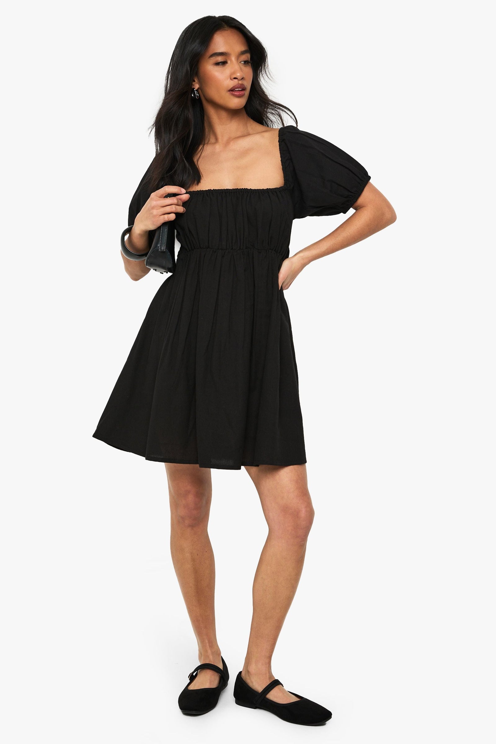 Petite Linen Puff Sleeve Smock Mini Dress