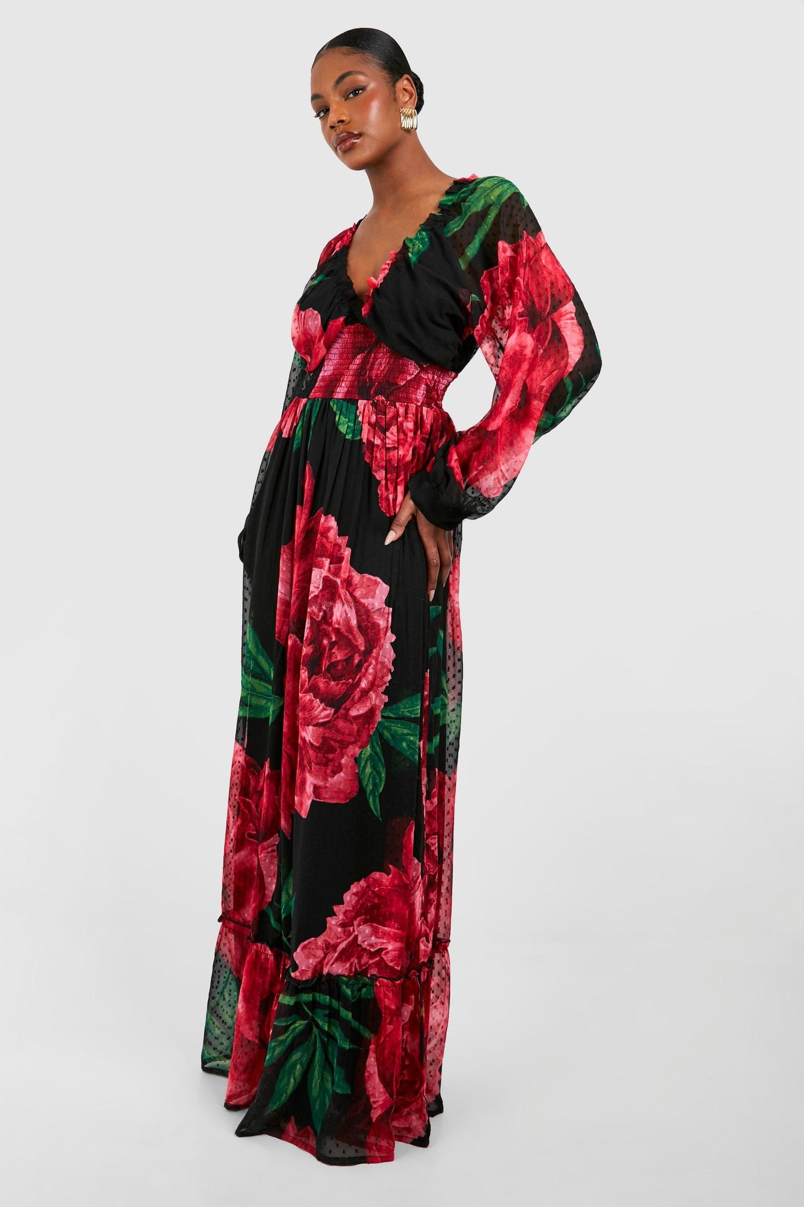 Tall Floral Print Dobby Shirred Maxi Dress