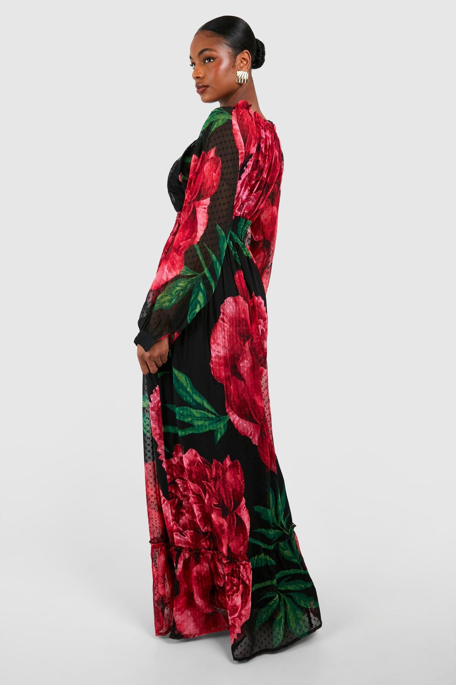 Tall Floral Print Dobby Shirred Maxi Dress