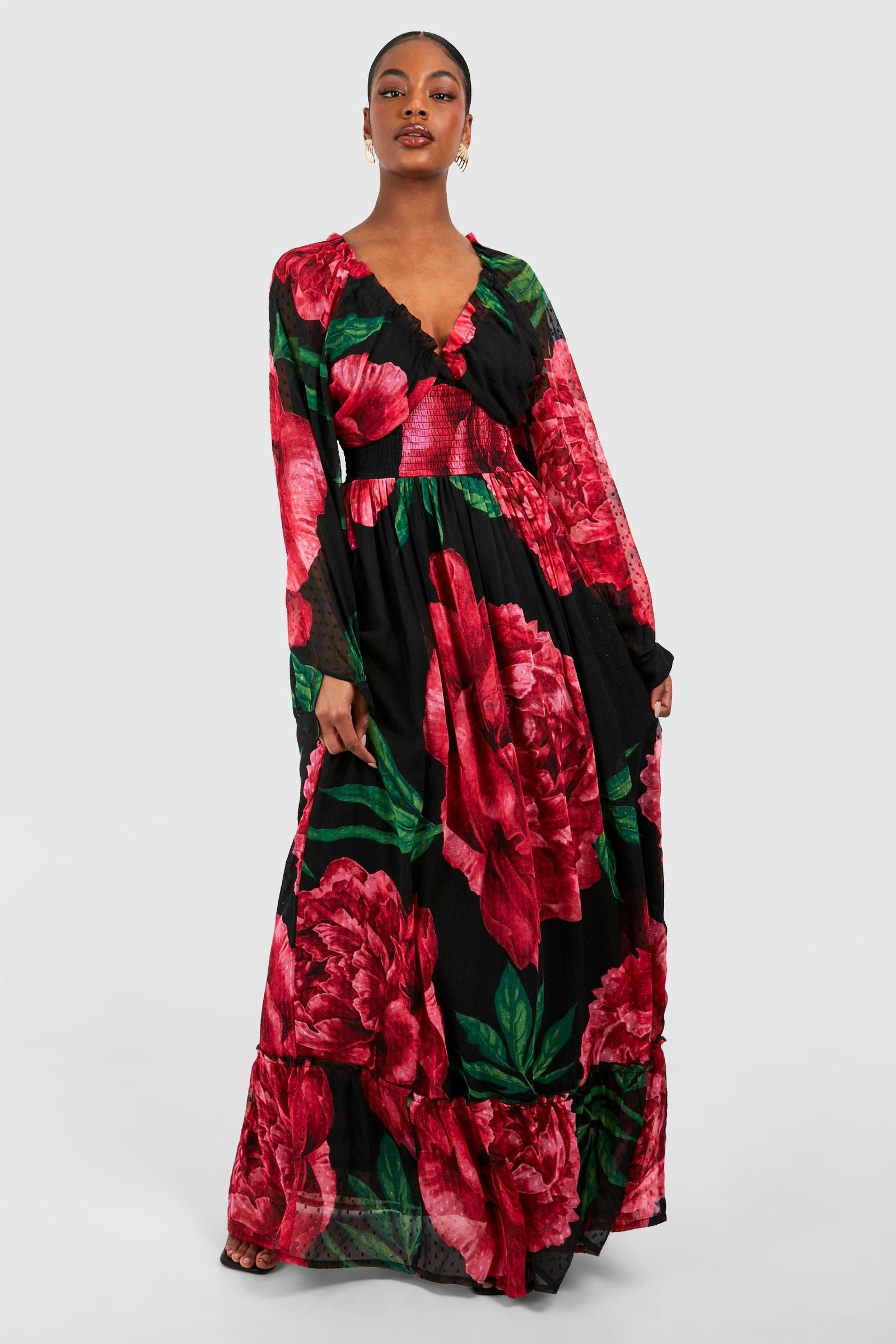 Tall Floral Print Dobby Shirred Maxi Dress