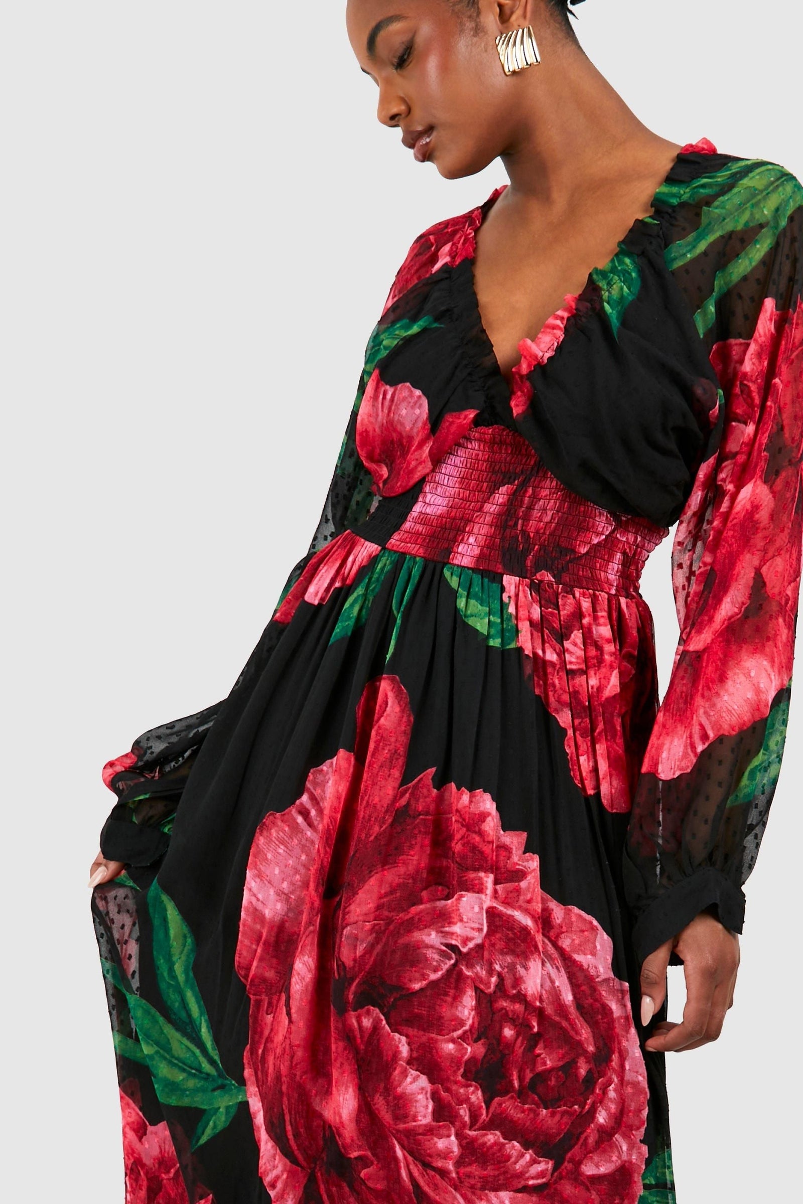 Tall Floral Print Dobby Shirred Maxi Dress