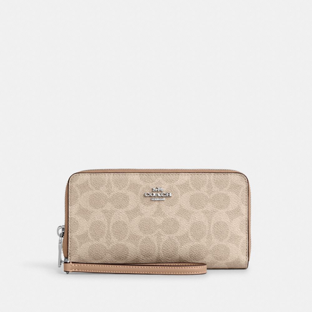 Coach Long Zip Around Wallet With Detachable Card Case In Signature Canvas Silver Sand Taupe