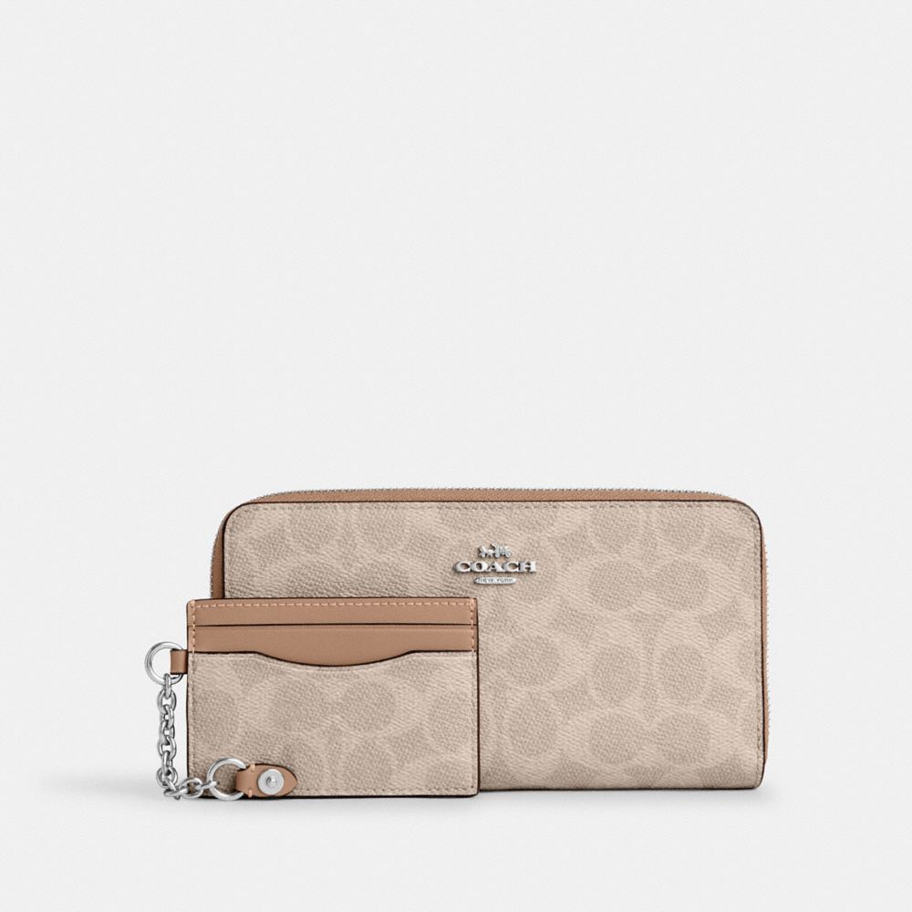 Coach Long Zip Around Wallet With Detachable Card Case In Signature Canvas Silver Sand Taupe