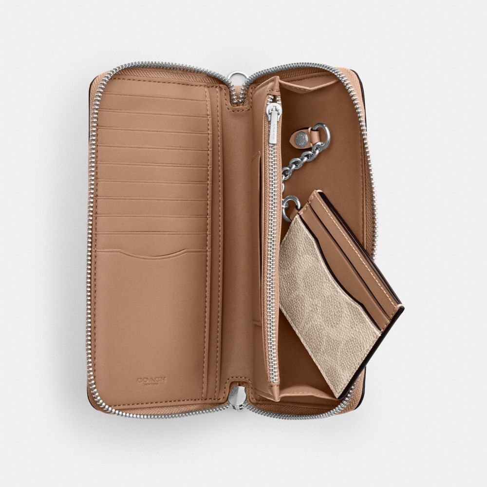 Coach Long Zip Around Wallet With Detachable Card Case In Signature Canvas Silver Sand Taupe