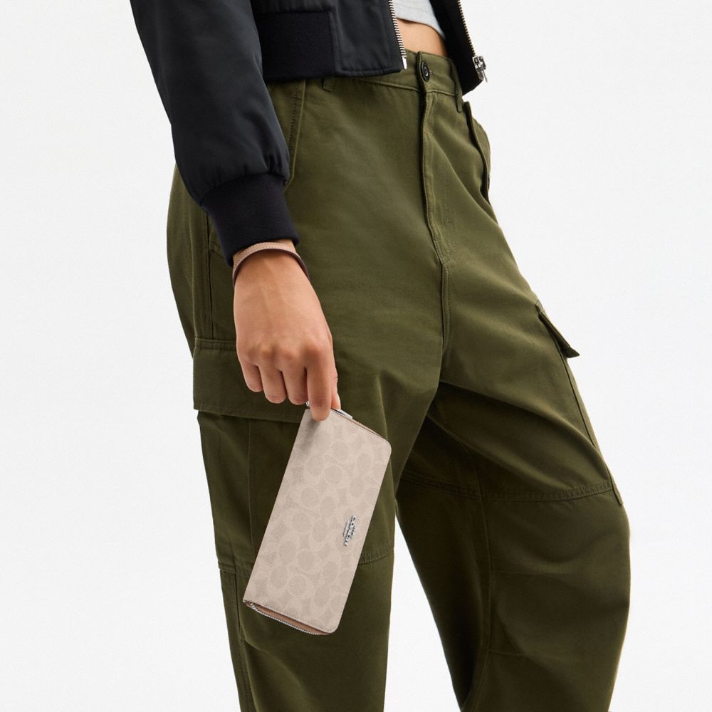 Coach Long Zip Around Wallet With Detachable Card Case In Signature Canvas Silver Sand Taupe