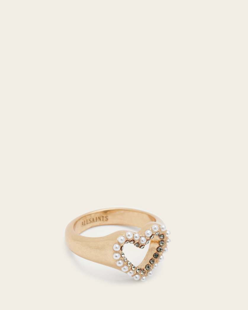 AllSaints Vida Heart Bead Embellished Signet Ring Women's Warm Brass/White Women's