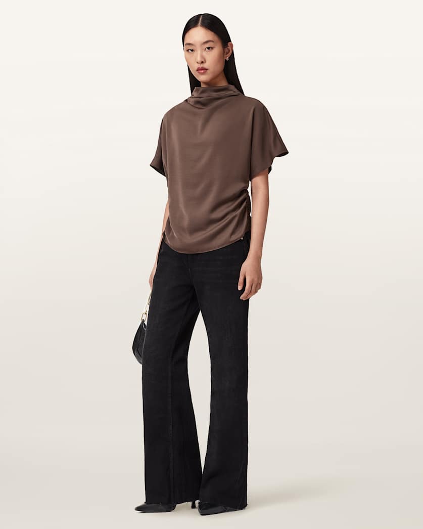 AllSaints Leslie Satin Short Sleeve Top Women's Pot Brown Women's