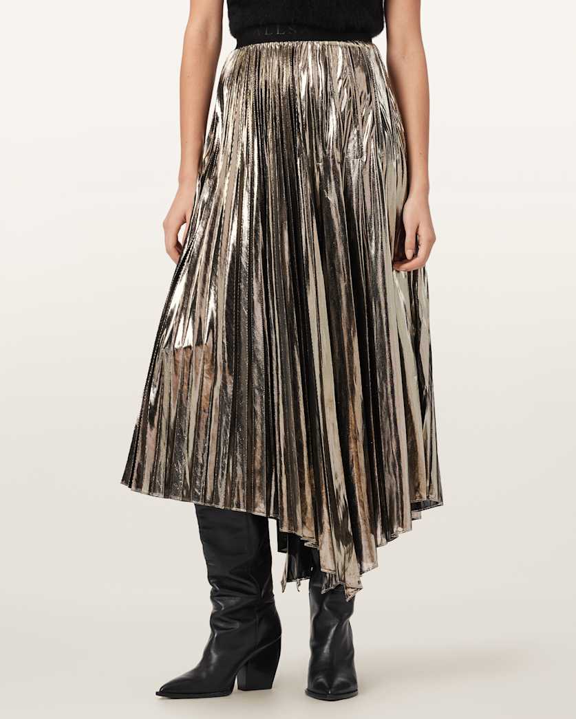 AllSaints Jax Pleated Midi Skirt Women's Metallic Silver Women's