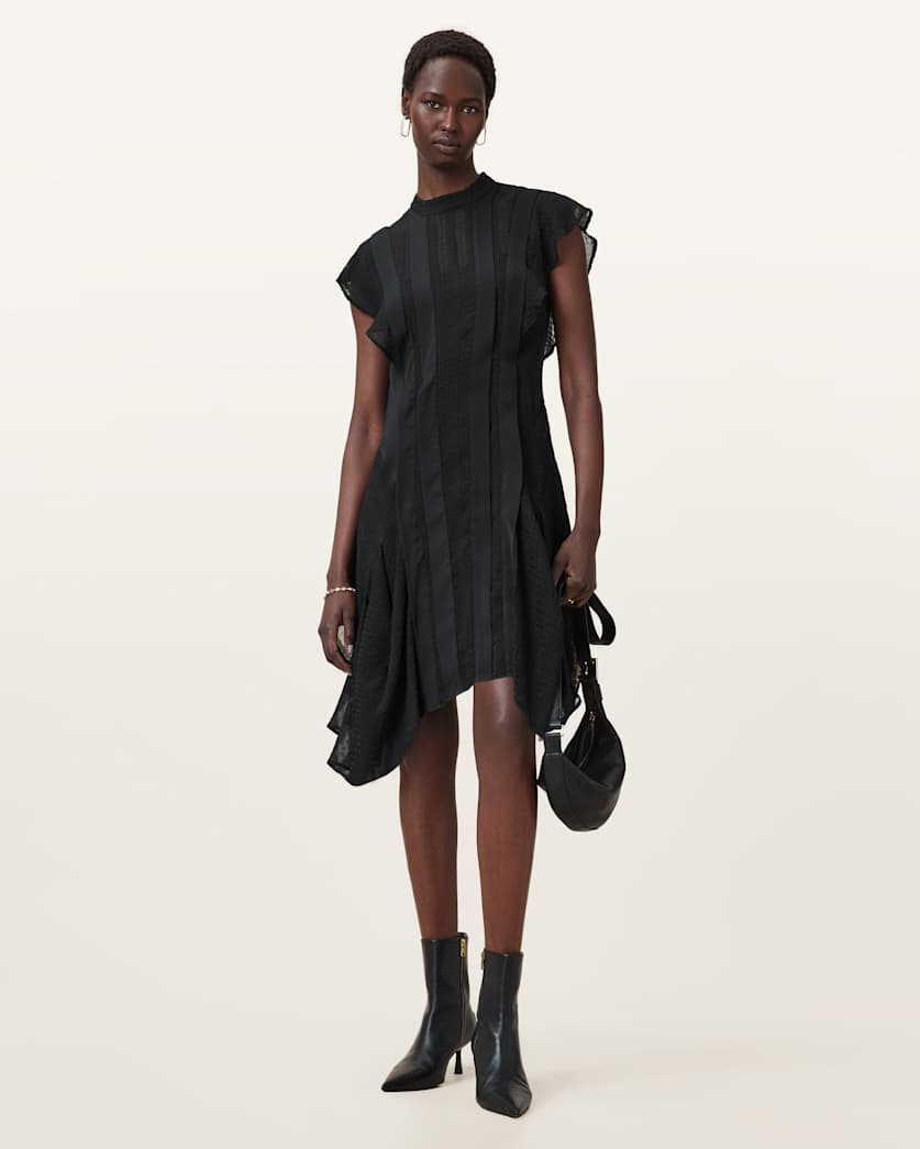 AllSaints Fleur Textured Asymmetric Hem Dress Women's Black Women's