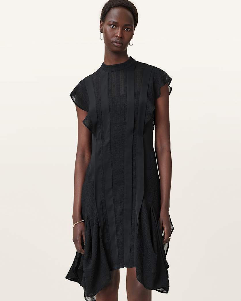 AllSaints Fleur Textured Asymmetric Hem Dress Women's Black Women's