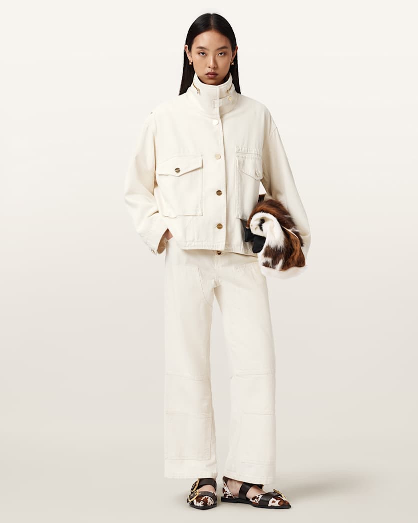 AllSaints Clay Denim Cropped Jacket Women's Ecru White Women's