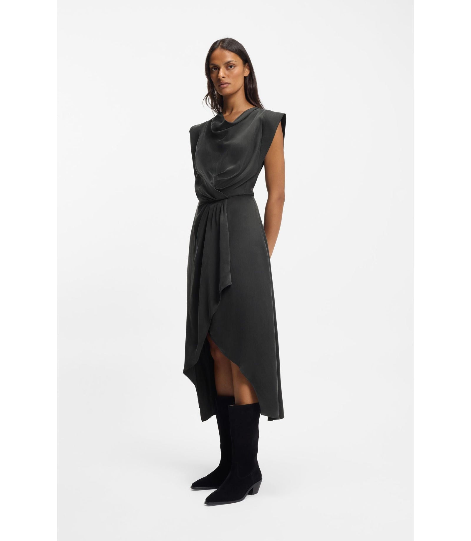 Boss Wrap Skirt Dress With Cowl Neck Light Grey Women's