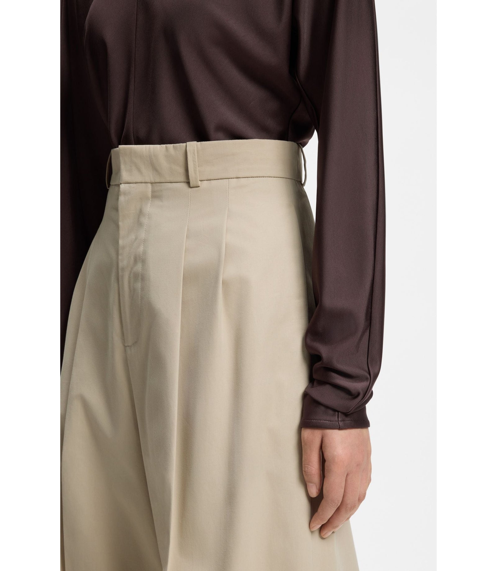 Boss Wide Leg Trousers In Cotton With Stretch Light Beige Women's