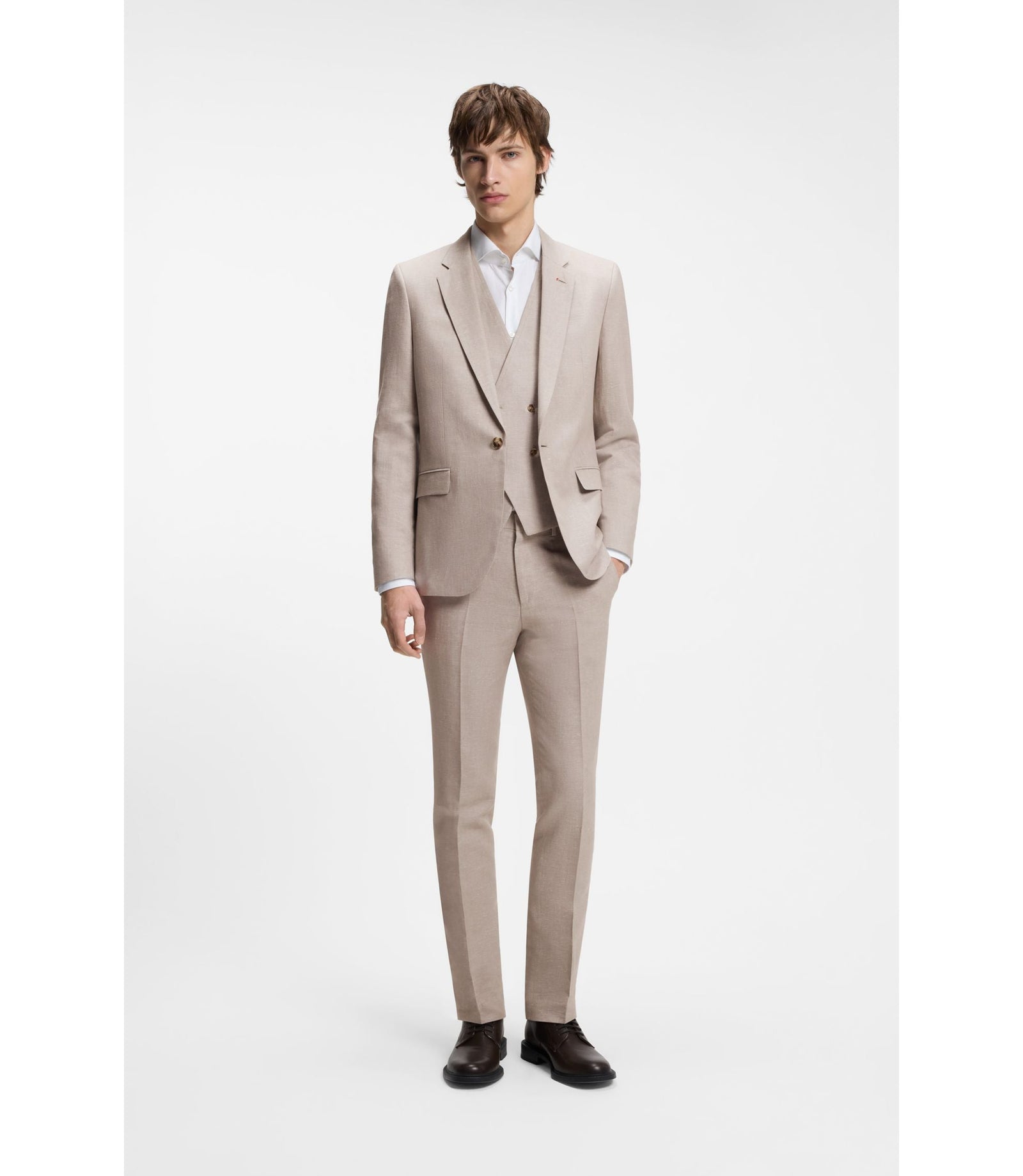 Hugo Three Piece Extra Slim Fit Suit Light Brown