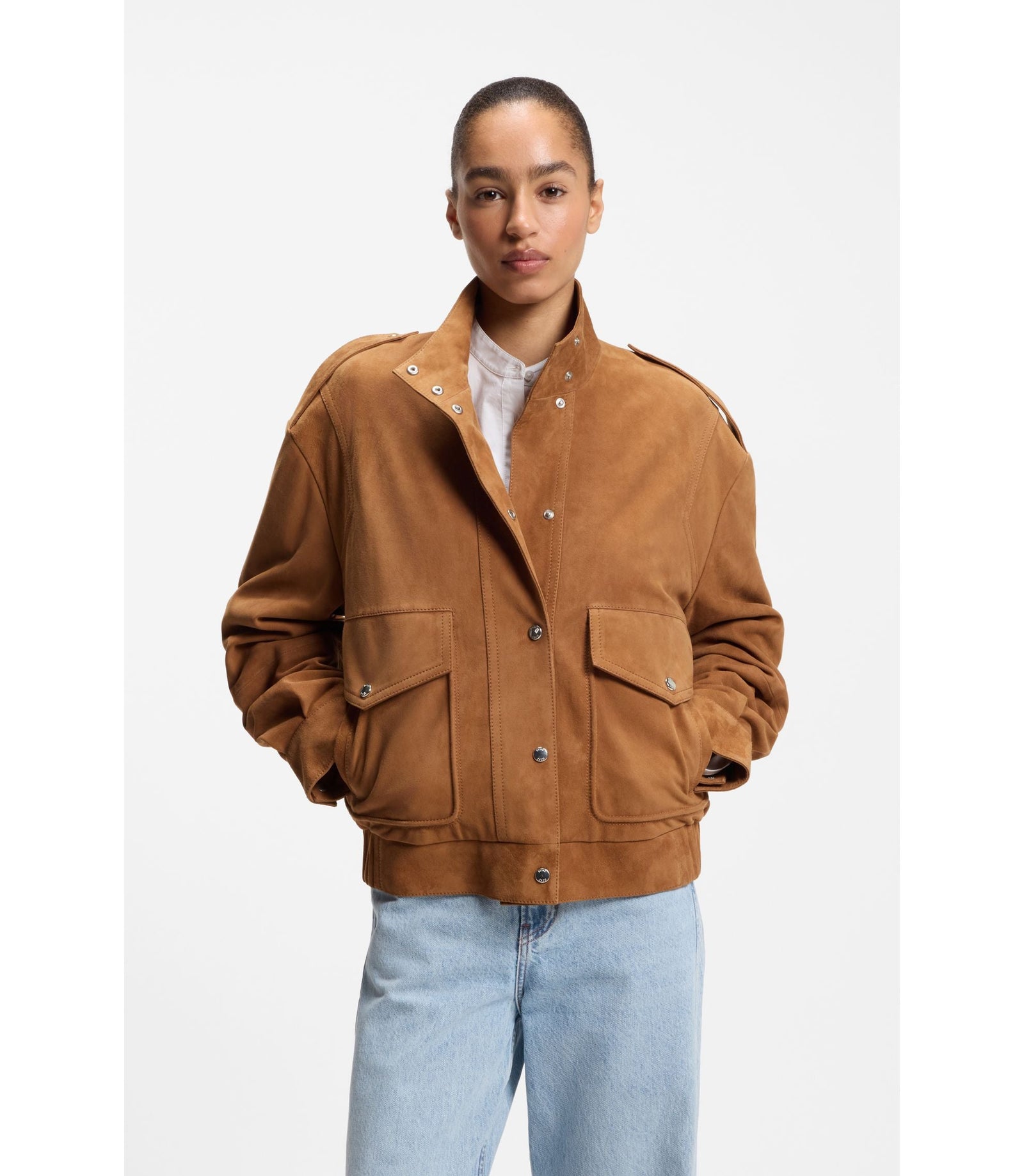 Boss Suede Jacket With Bomber Styling Brown Women's