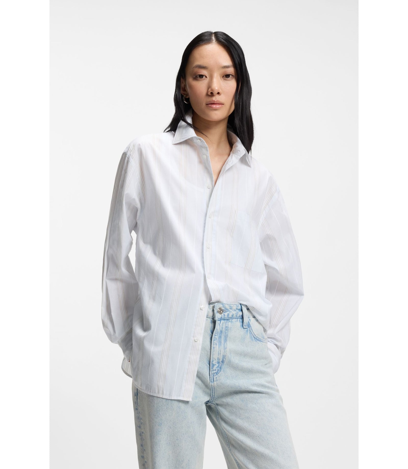 Boss Striped Relaxed Fit Blouse In Cotton Canvas Light Blue Women's