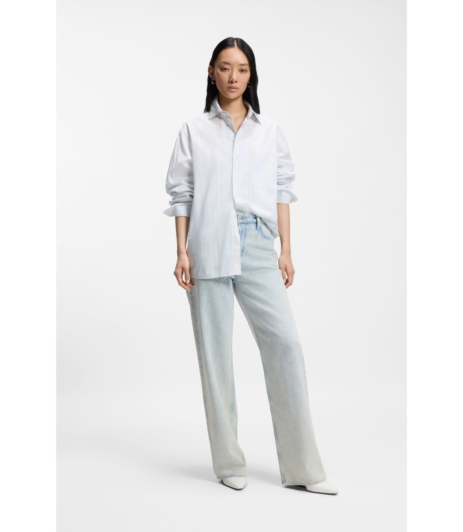 Boss Striped Relaxed Fit Blouse In Cotton Canvas Light Blue Women's