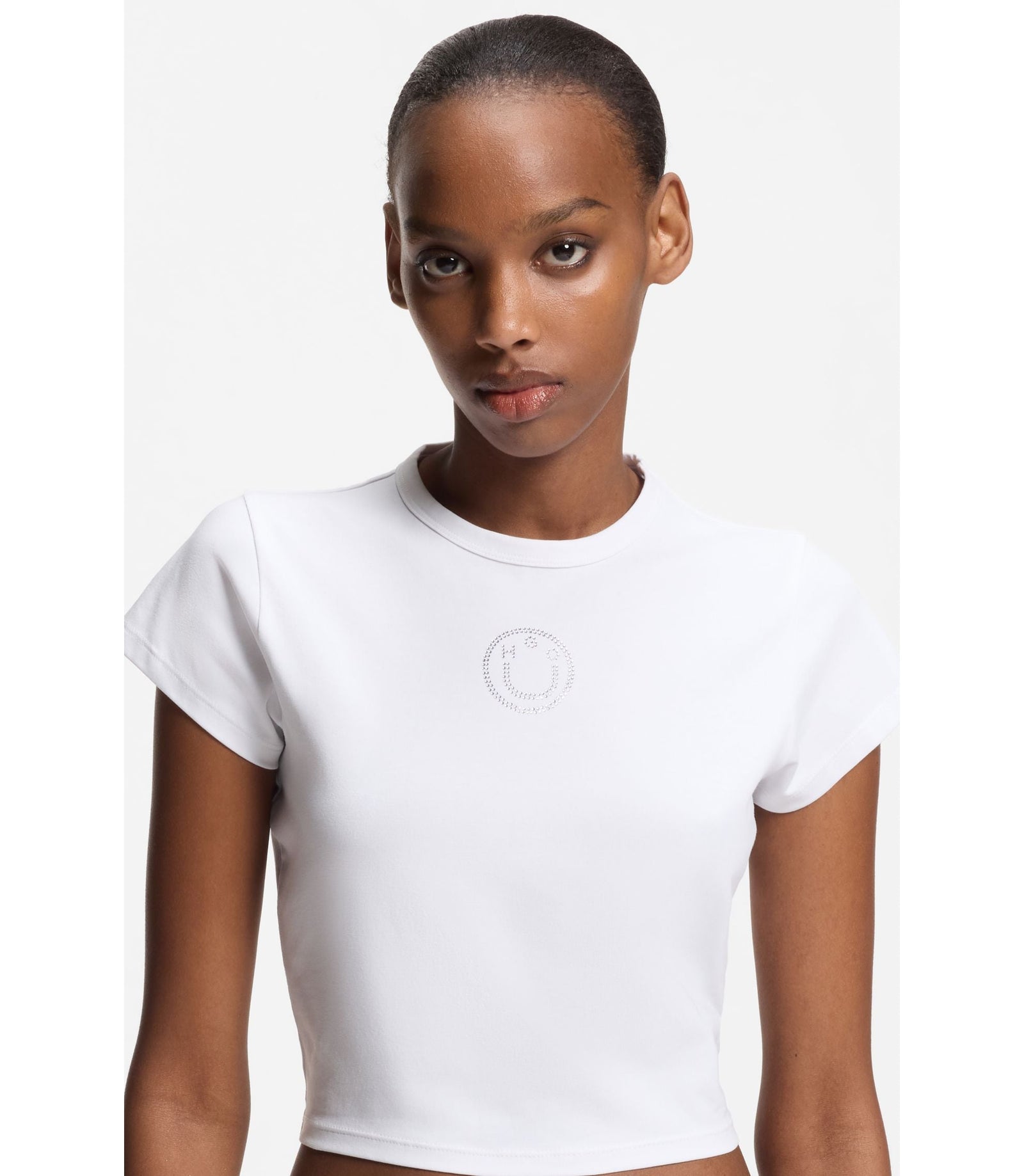 Hugo Stretch Cotton T Shirt With Rhinestone Happy Hugo White Women's