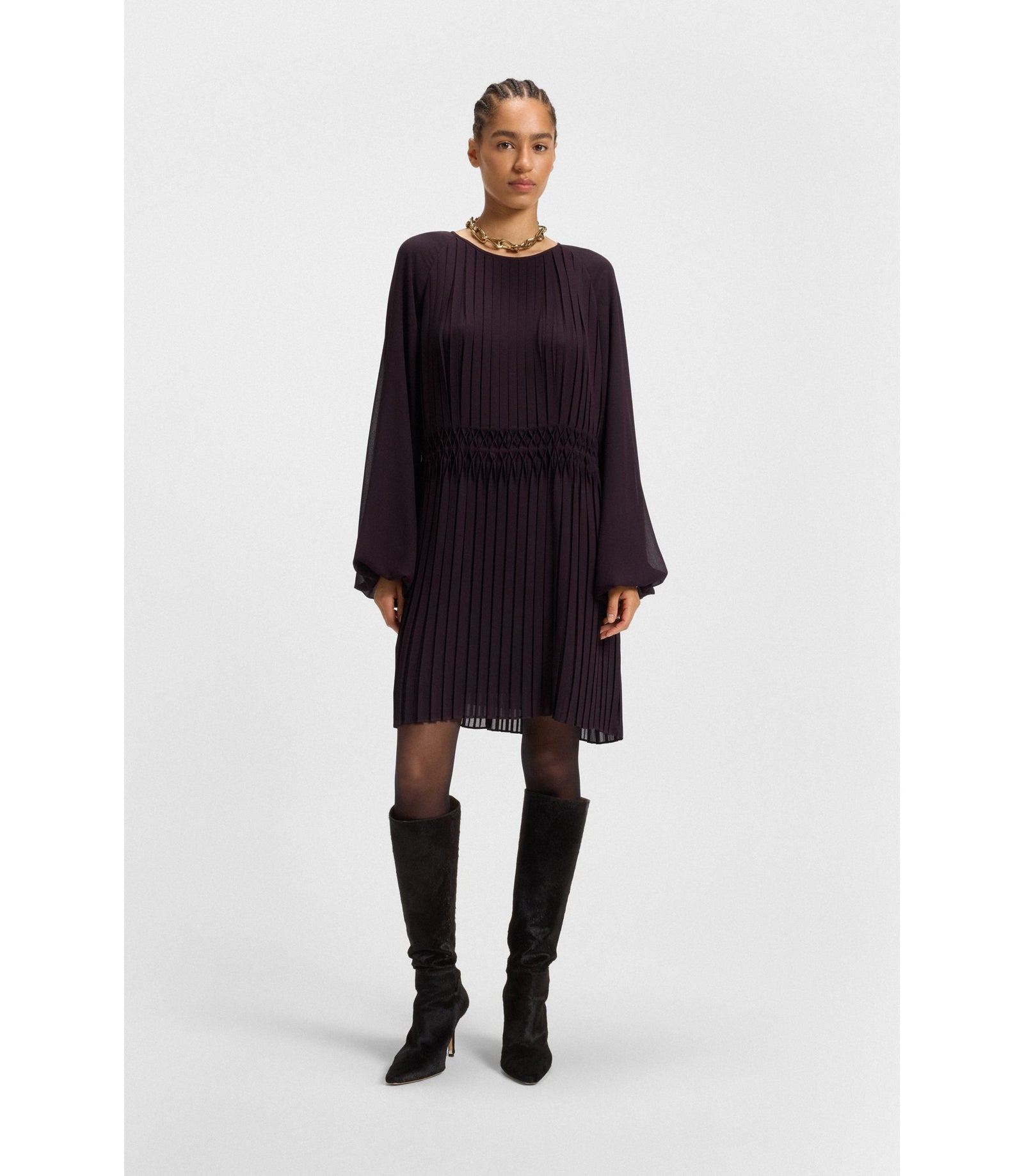 Boss Smocked Waistband Dress With Pliss Pleats Light Purple Women's