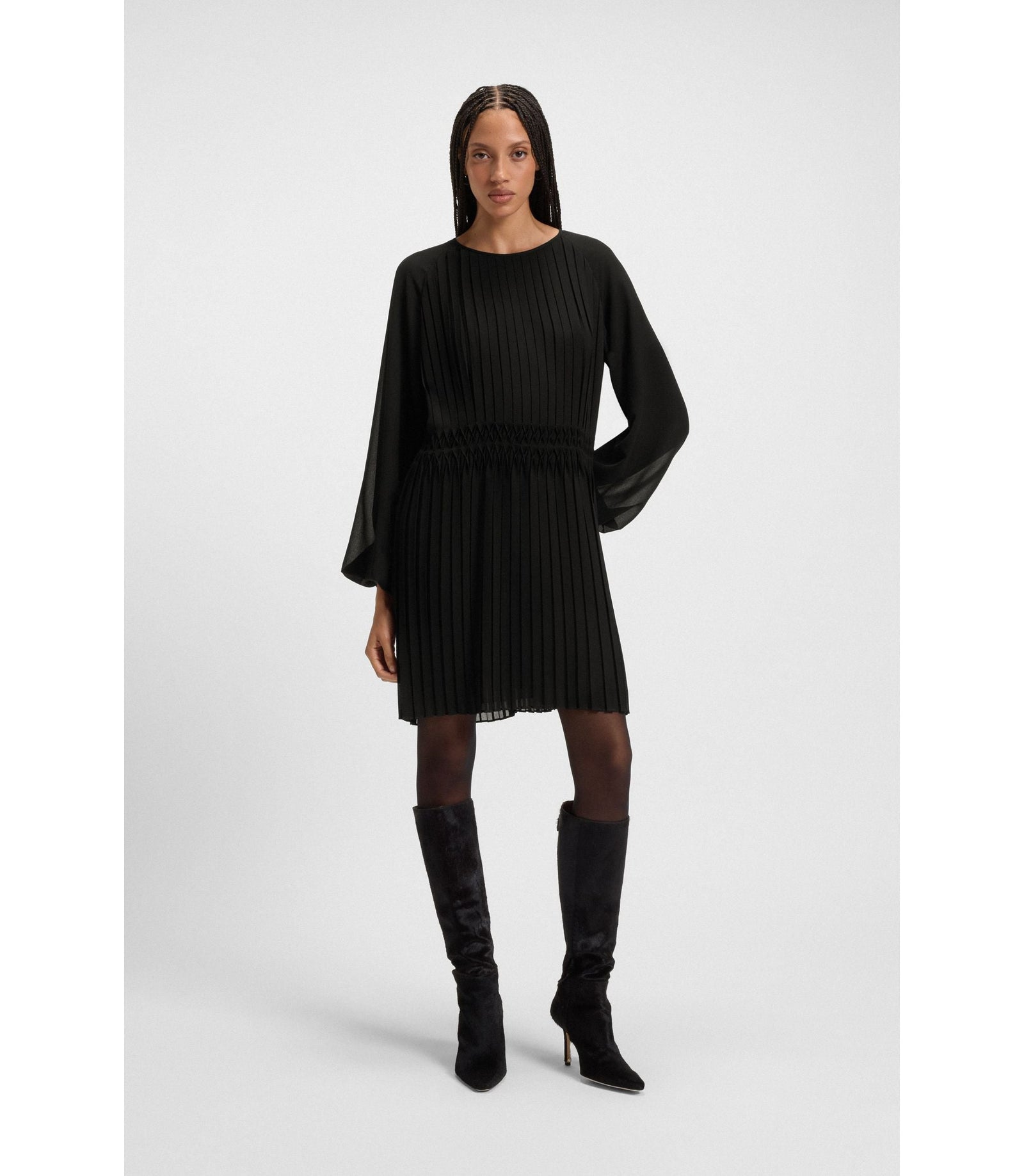 Boss Smocked Waistband Dress With Pliss Pleats Black Women's