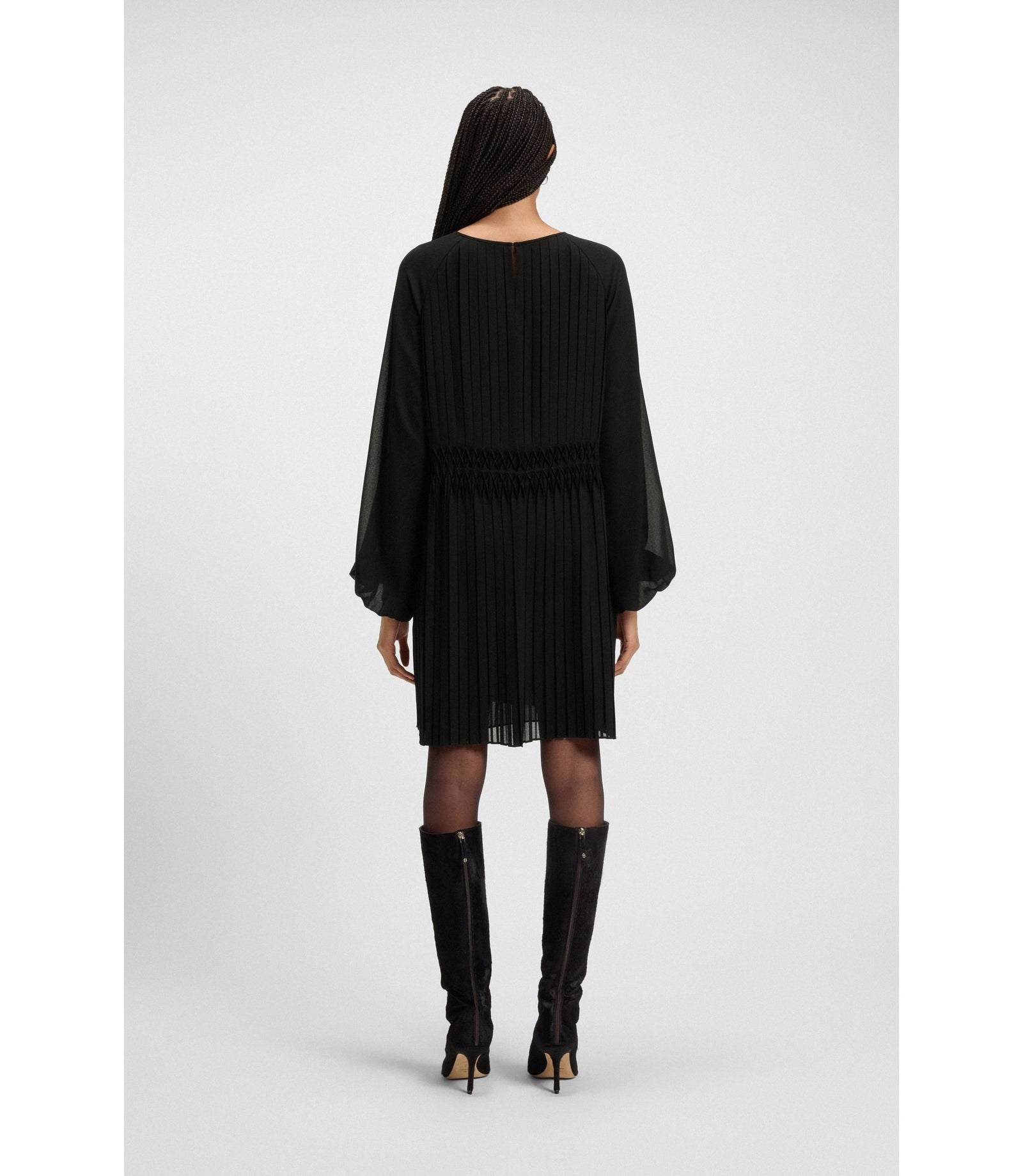 Boss Smocked Waistband Dress With Pliss Pleats Black Women's