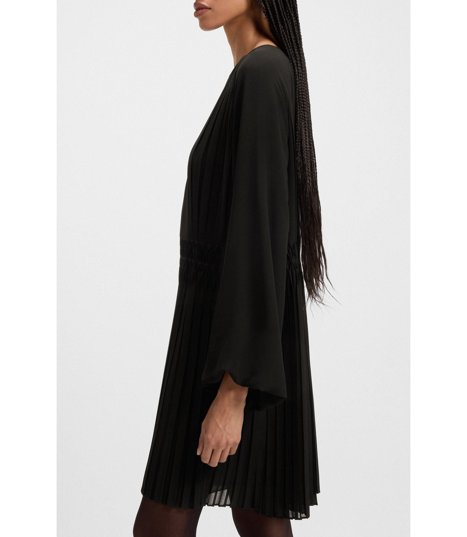 Boss Smocked Waistband Dress With Pliss Pleats Black Women's