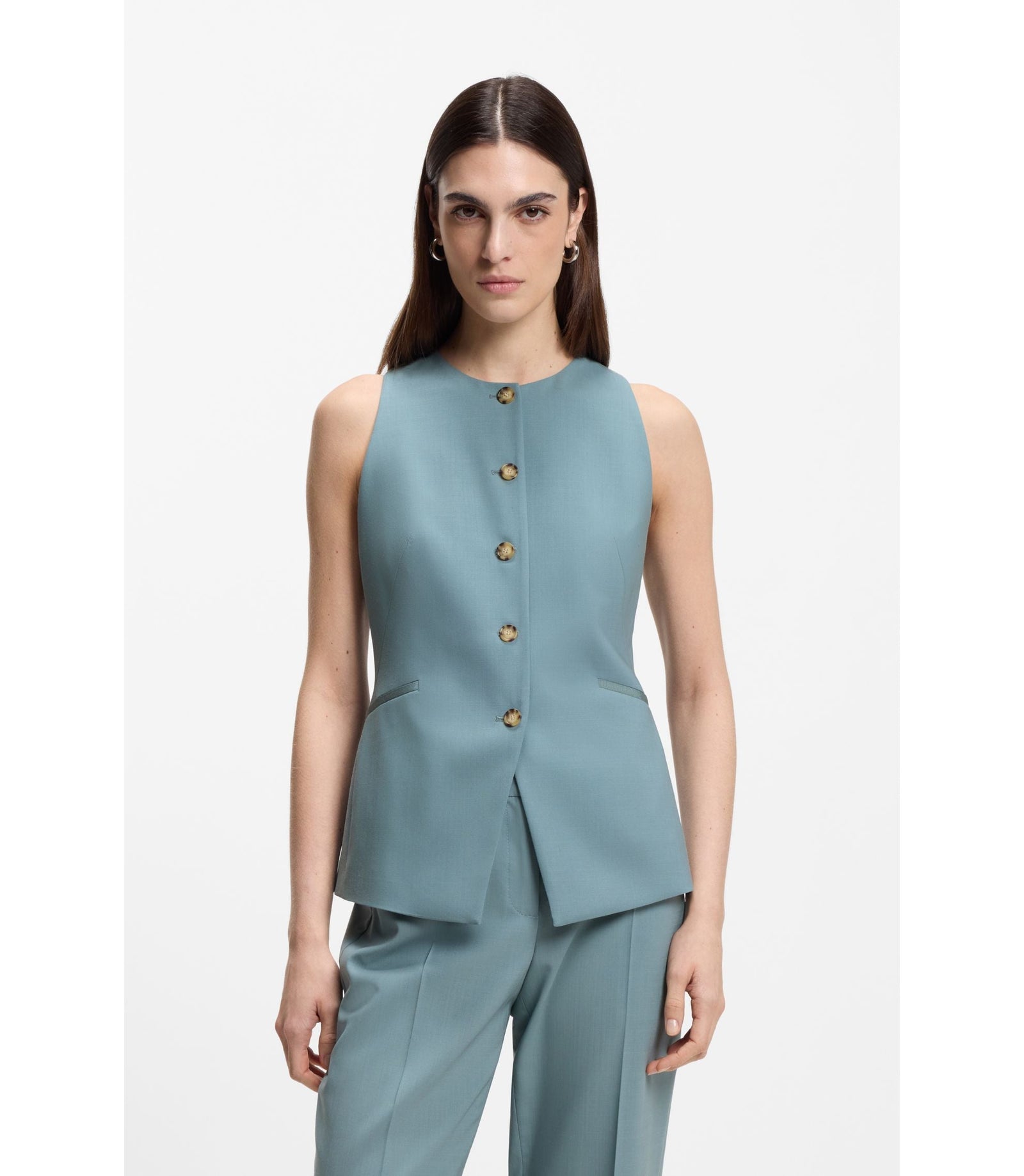 Boss Slim Fit Waistcoat In Virgin Wool Blue Women's