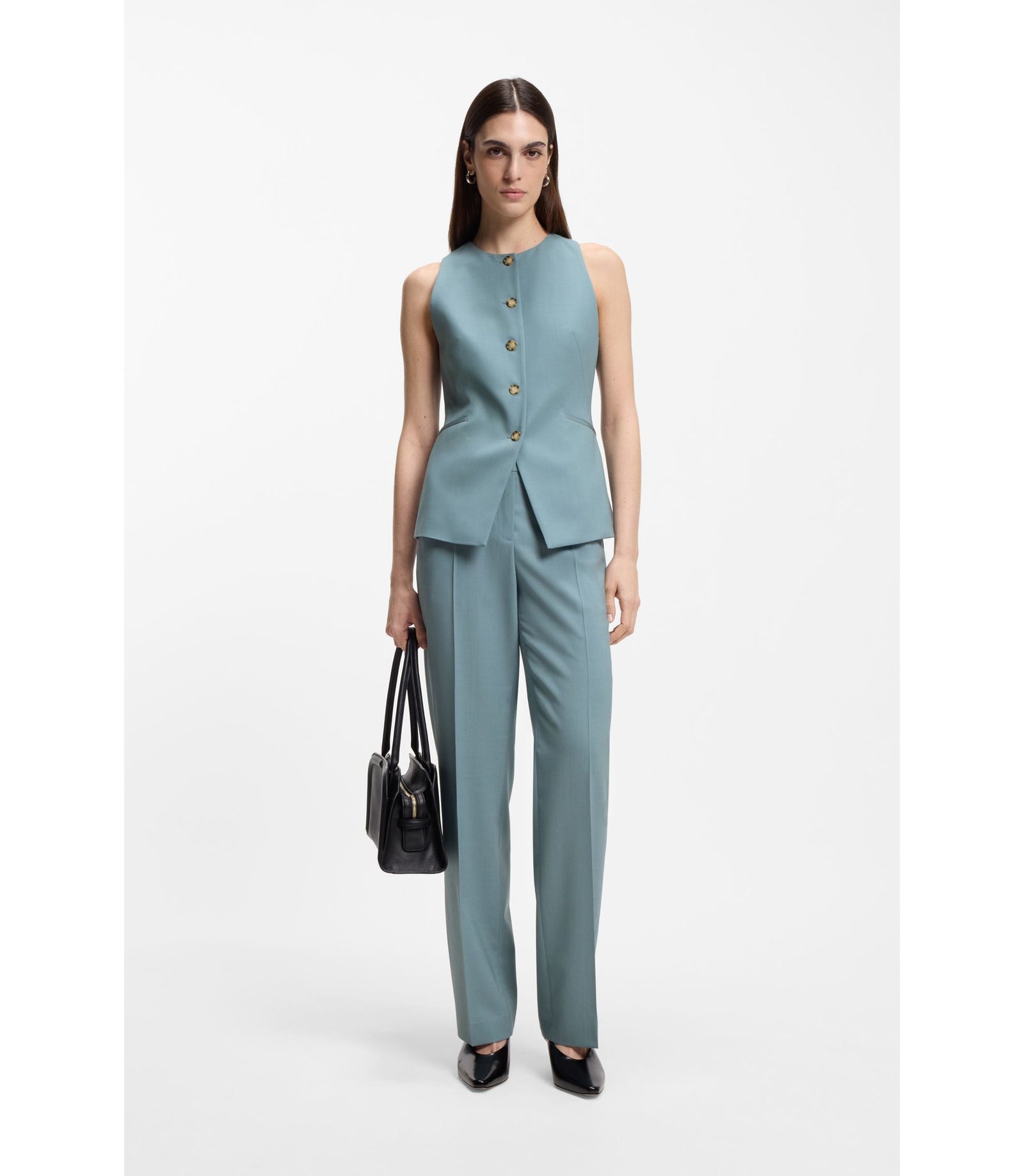 Boss Slim Fit Waistcoat In Virgin Wool Blue Women's
