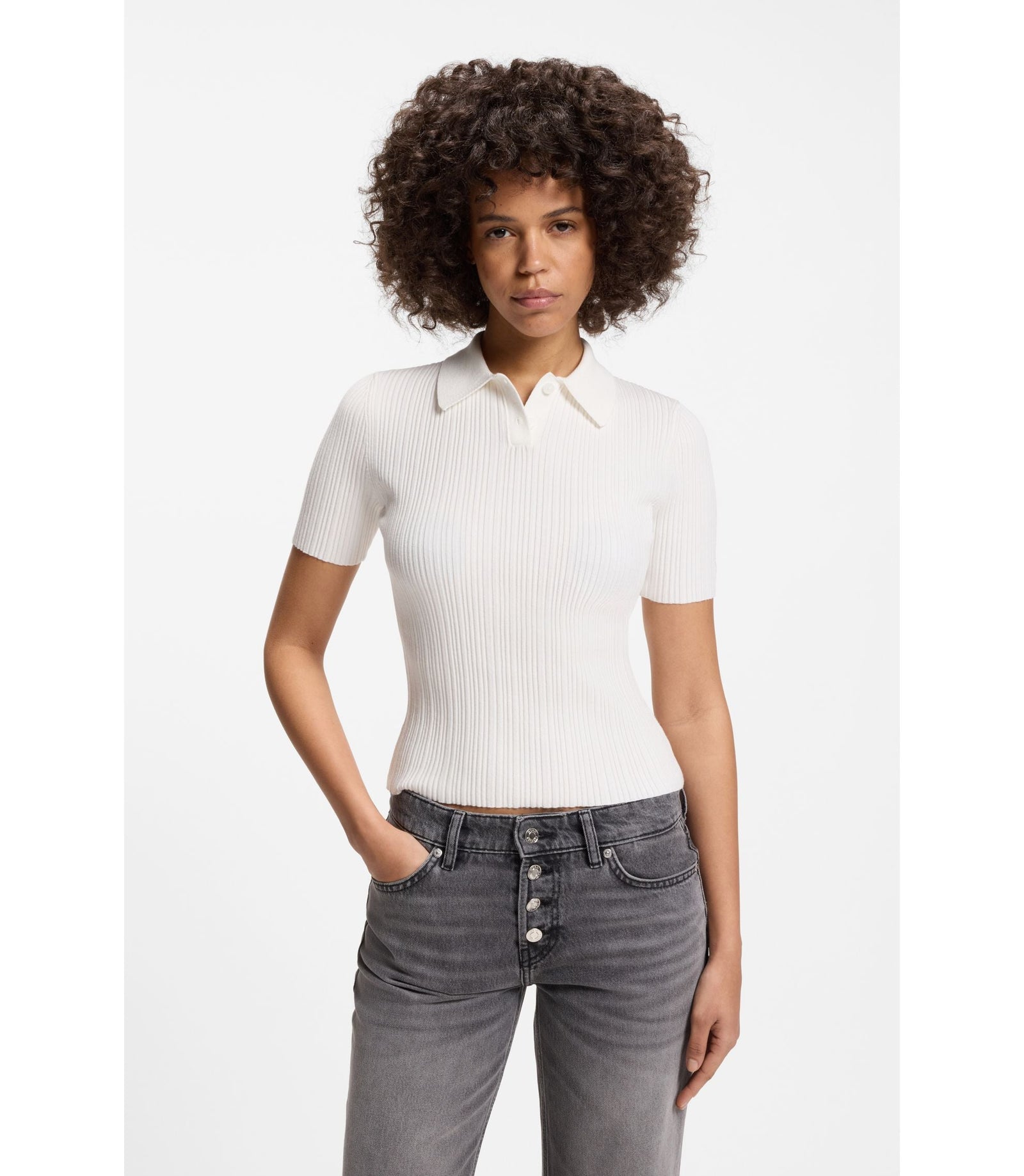 Hugo Slim Fit Ribbed Sweater With Polo Collar White Women's