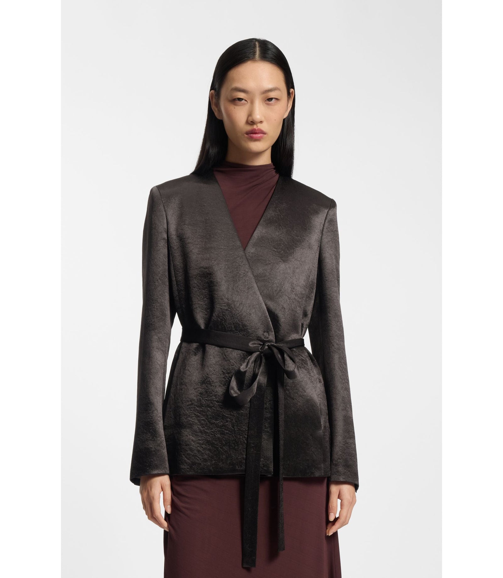 Boss Slim Fit Blazer In Lustrous Twill Dark Brown Women's