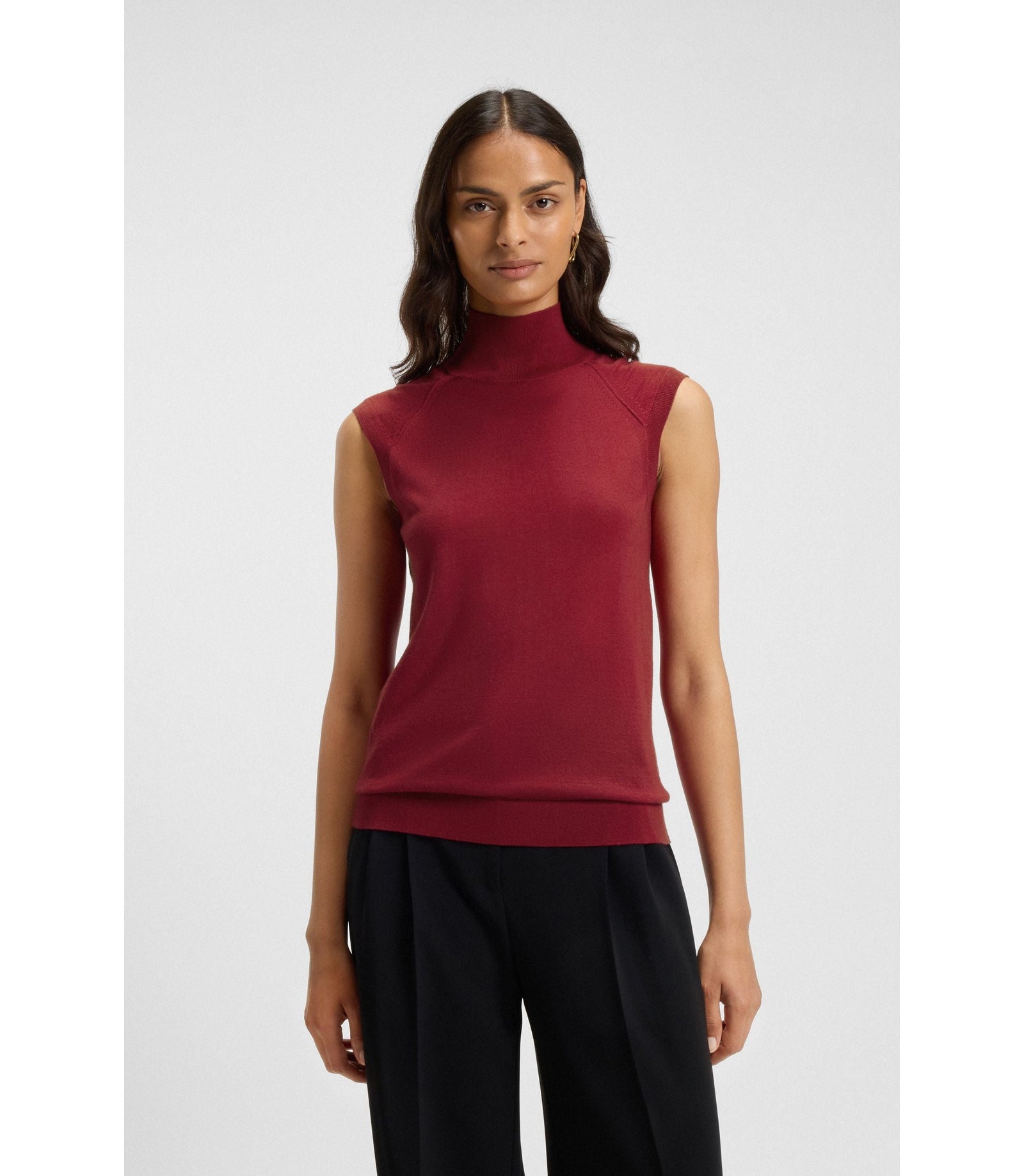 Boss Sleeveless Top In Merino Wool With Mock Neck Dark Red Women's