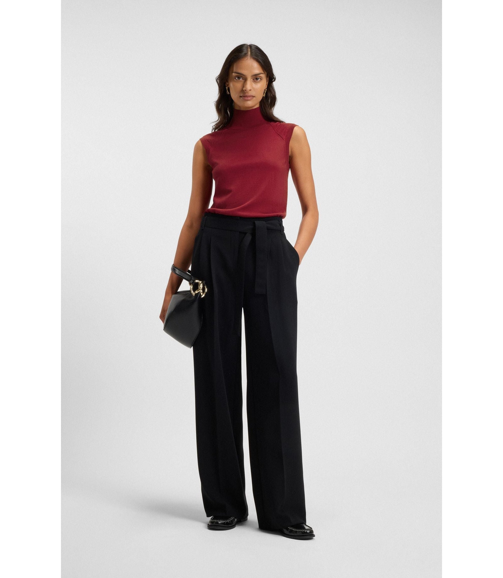 Boss Sleeveless Top In Merino Wool With Mock Neck Dark Red Women's