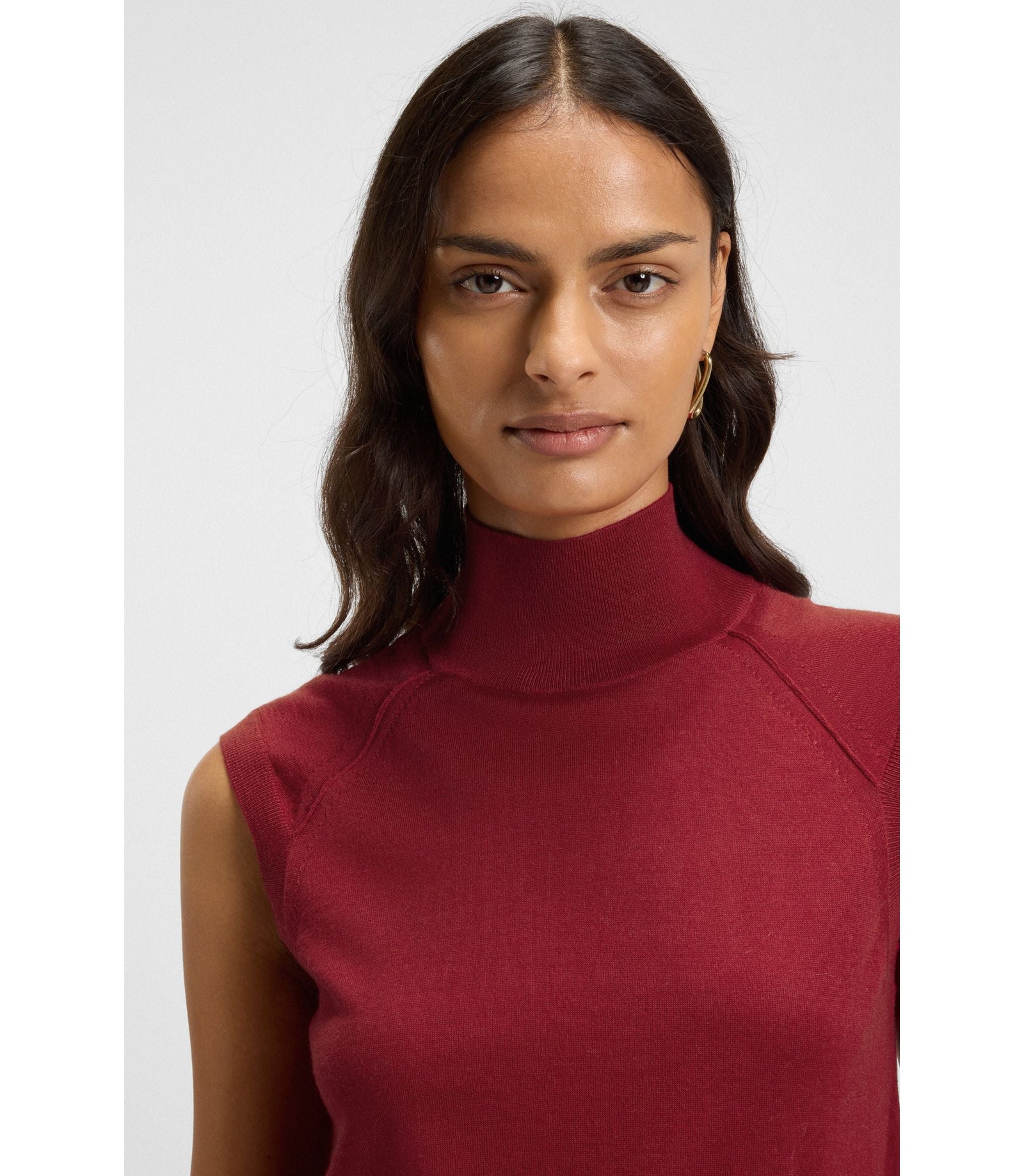 Boss Sleeveless Top In Merino Wool With Mock Neck Dark Red Women's