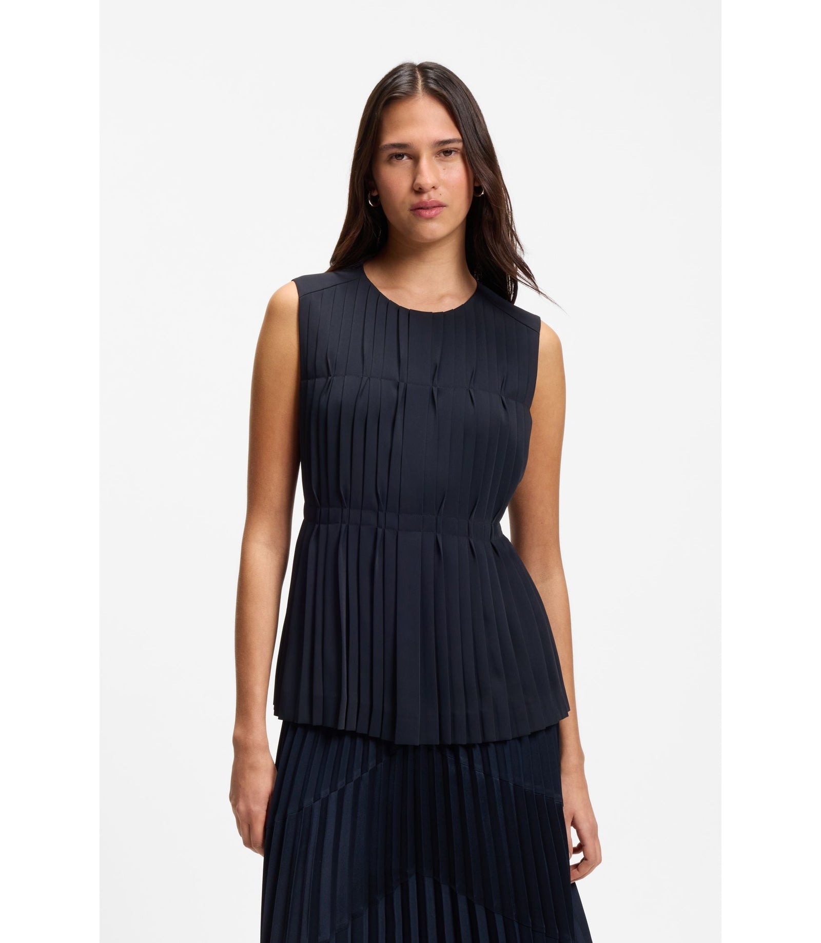 Boss Sleeveless Crepe Blouse With Pleats Dark Blue Women's