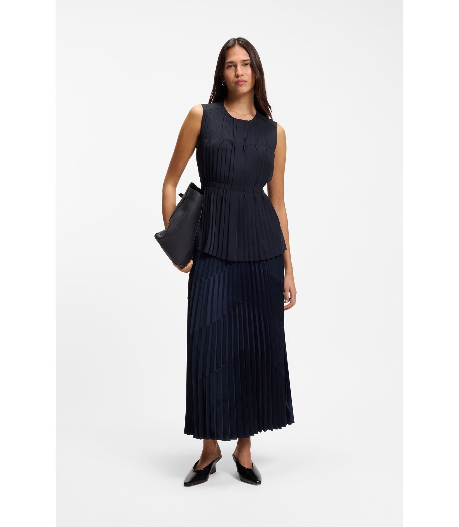 Boss Sleeveless Crepe Blouse With Pleats Dark Blue Women's